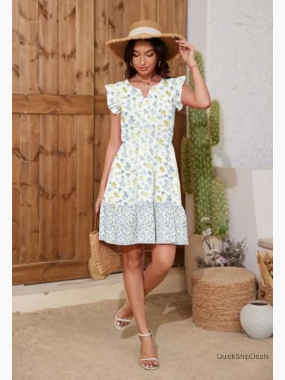 Ruffle Sleeve Layered Dress with Pockets Elastic Waist V Neck - Picture 4 of 5